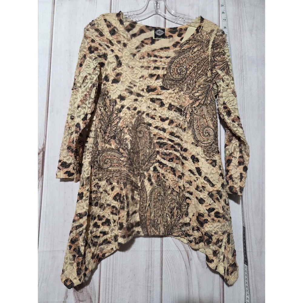 Cal Style Womens Leopard Paisley Lace Tunic Top Sharkbite Hem Rhinestone Small‎